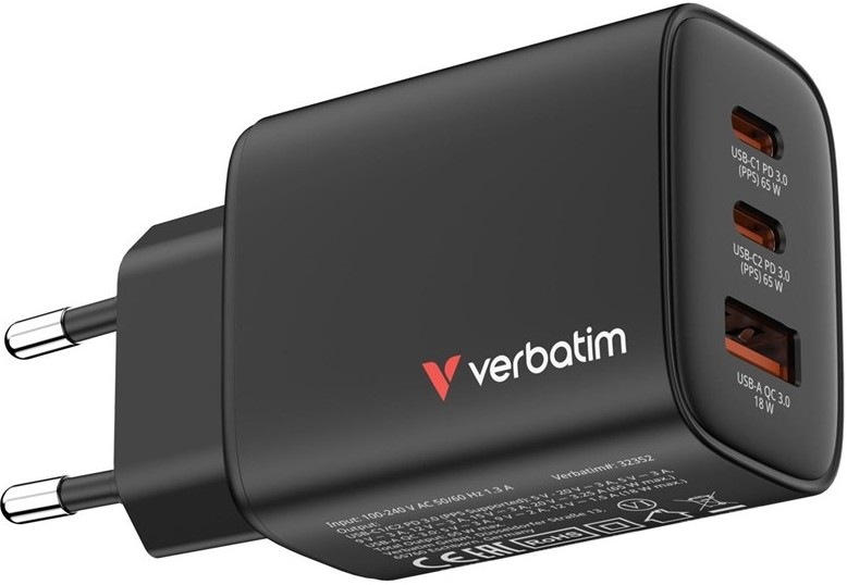 Nabíječka do sítě Verbatim Essentials 65W, 2×USB-C PD, 1×USB-A QC - černá