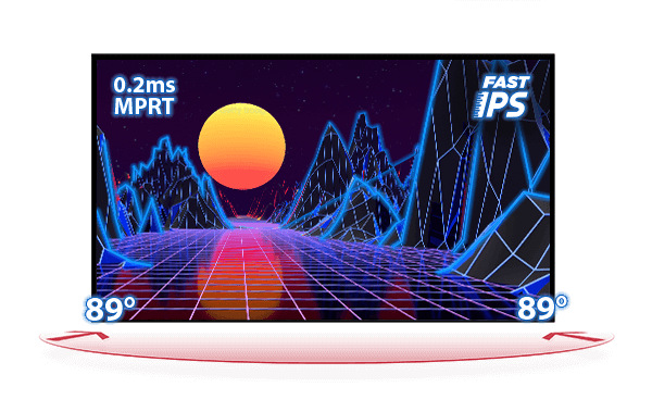 Herní monitor IIYAMA G-Master G2471HS-B1 černý Stylizovaná digitální krajina s živým západem slunce nad mřížkovým terénem, s horami v pozadí a barevnými geometrickými vzory. Displej zobrazuje specifikace včetně „0,2 ms MPRT“ a „FAST IPS“ spolu s měřením 89°.