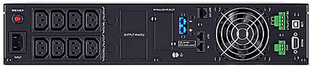 Záložní zdroj CyberPower Professional Advanced OnLine S 1000VA/900W,2U černý Na obrázku je zadní panel UPS CyberPower s 8 výstupními zásuvkami IEC C13 pro připojení zařízení. Vlevo je jistič a vstupní napájecí konektor, uprostřed komunikační a rozšiřující porty a vpravo velký chladicí ventilátor, USB, RS232 a zelené svorky pro další připojení. Panel působí technicky a je určený pro profesionální nasazení.