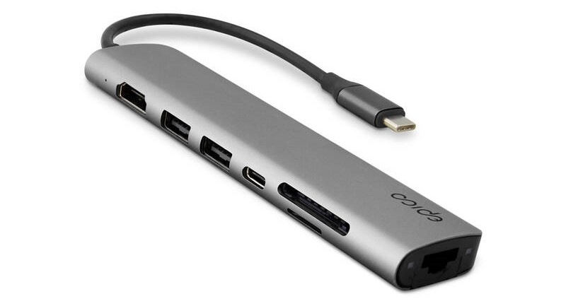 USB Hub Epico 7in1 Multimedia 8K USB-C/1× USB-C, 2× USB 2.0, HDMI, LAN, microSD, SD - šedý