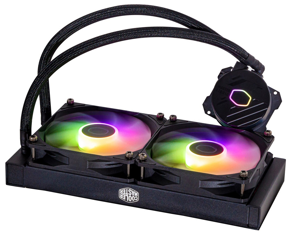 Vodní chladič Cooler Master MasterLiquid ML240L Core ARGB Fotografie vodního chladiče se zapnutými ARGB ventilátory. Dvě hadice a pumpa s měděnou podložkou.