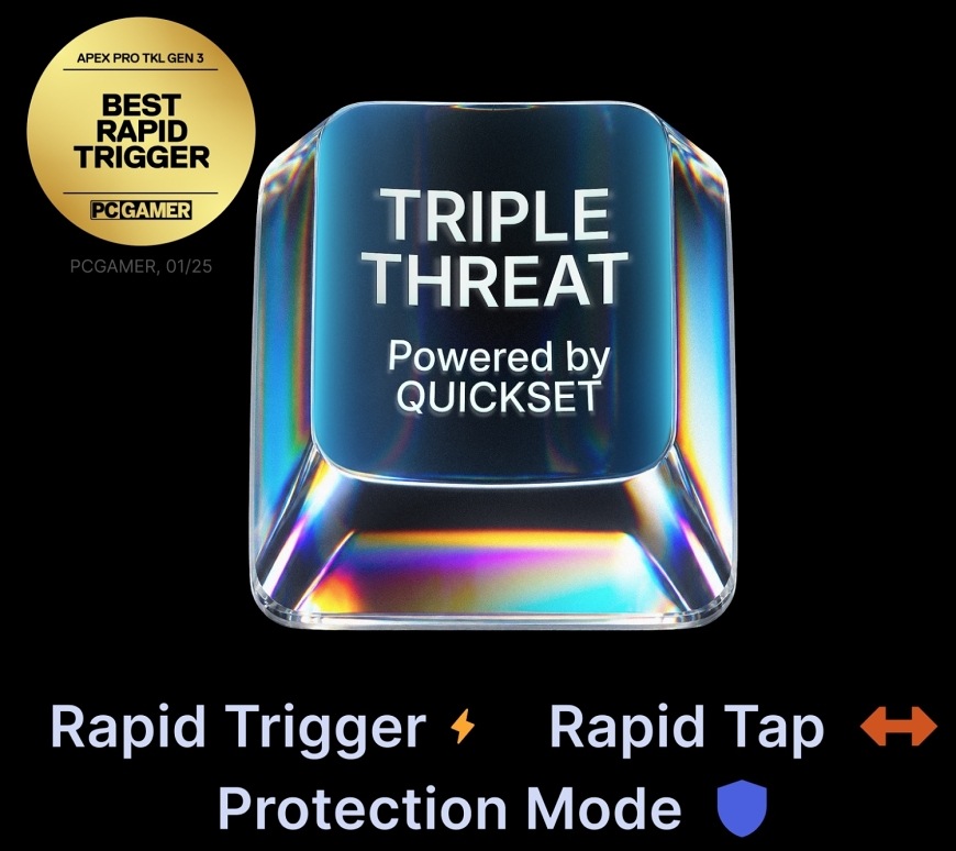 Klávesnice SteelSeries Apex Pro TKL Gen 3 Steel - US černá Grafika Triple Threat Powered by QuickSet s funkcemi Rapid Trigger, Rapid Tap a Protection Mode