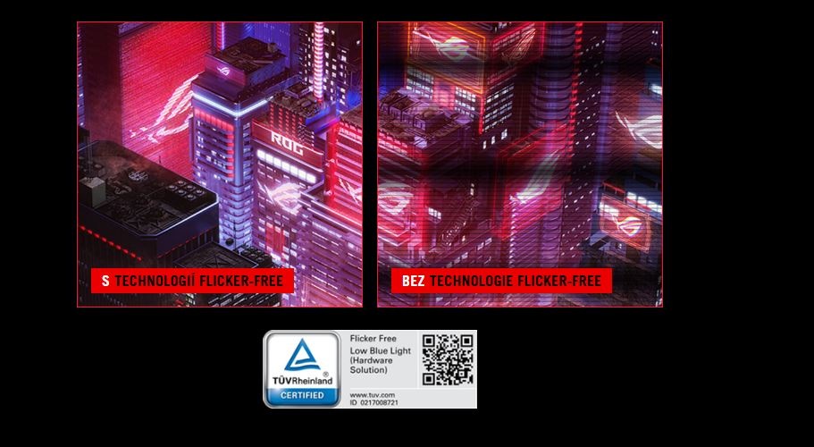 Rozdělený obrázek porovnávající městskou scenérii s technologií bez blikání a bez ní. Levá strana je ostrá, pravá strana je rozmazaná. Obsahuje logo certifikace TÜV Rheinland.