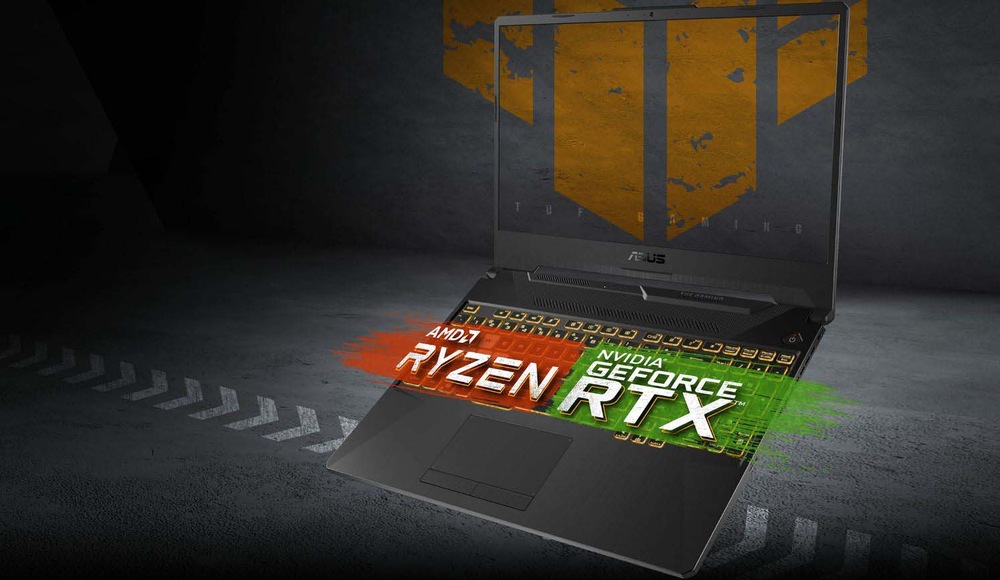 Herní notebook s elegantním designem zdobí výrazné loga: AMD Ryzen v červené barvě a NVIDIA GeForce RTX v zelené barvě na průmyslovém pozadí.