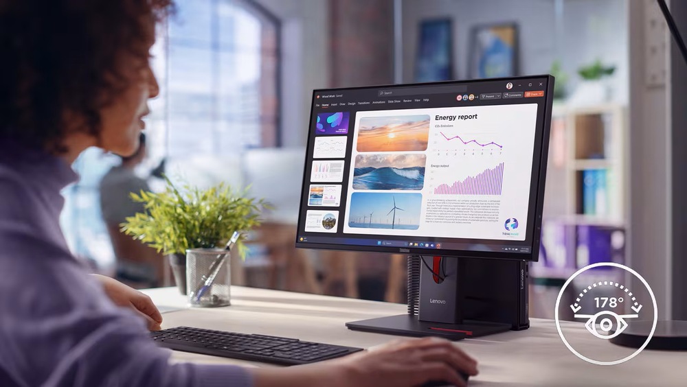 Díky širokým pozorovacím úhlům lze na monitor Lenovo ThinkVision T24-40 nahlížet i ze  strany