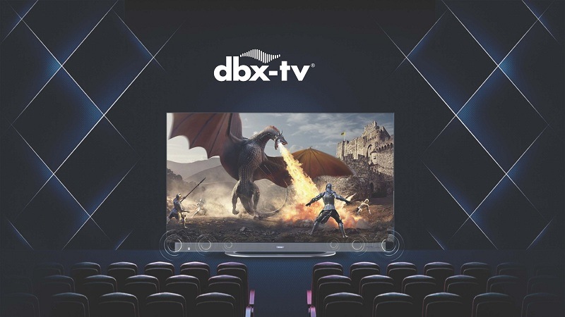 Televize Haier H55C95EUX vyobrazena v kino sále, na obrazovce je akční scéna s rytíři a drakem