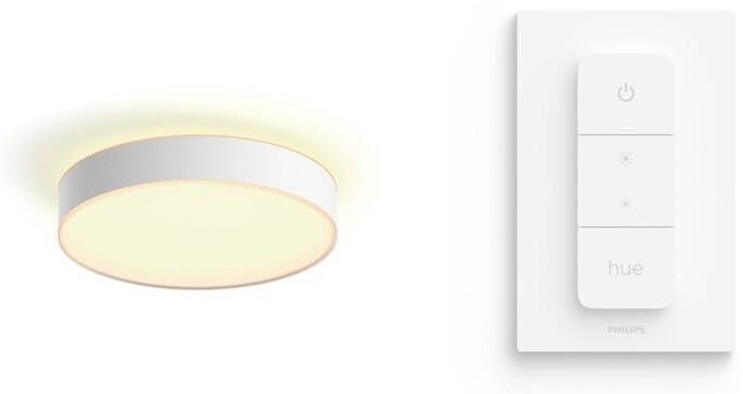 Stropní svítidlo Philips Hue Enrave M v bílé barvě s ovladačem Hue Dimmer Switch V2 na zdi