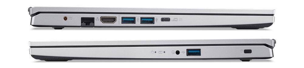 Zavřený notebook Acer Aspire Go 15 (AG15-42P-R7KD) z obou profilů s portovou výbavou