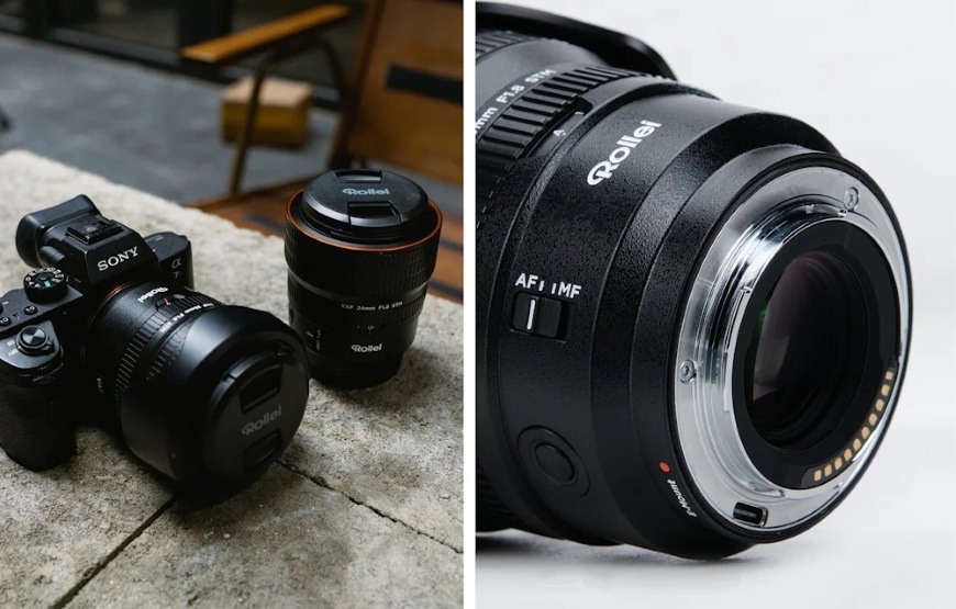 Fotoaparát s objektivem Rollei 24 mm AF f/1.8 a detail kovové upevňovací části objektivu