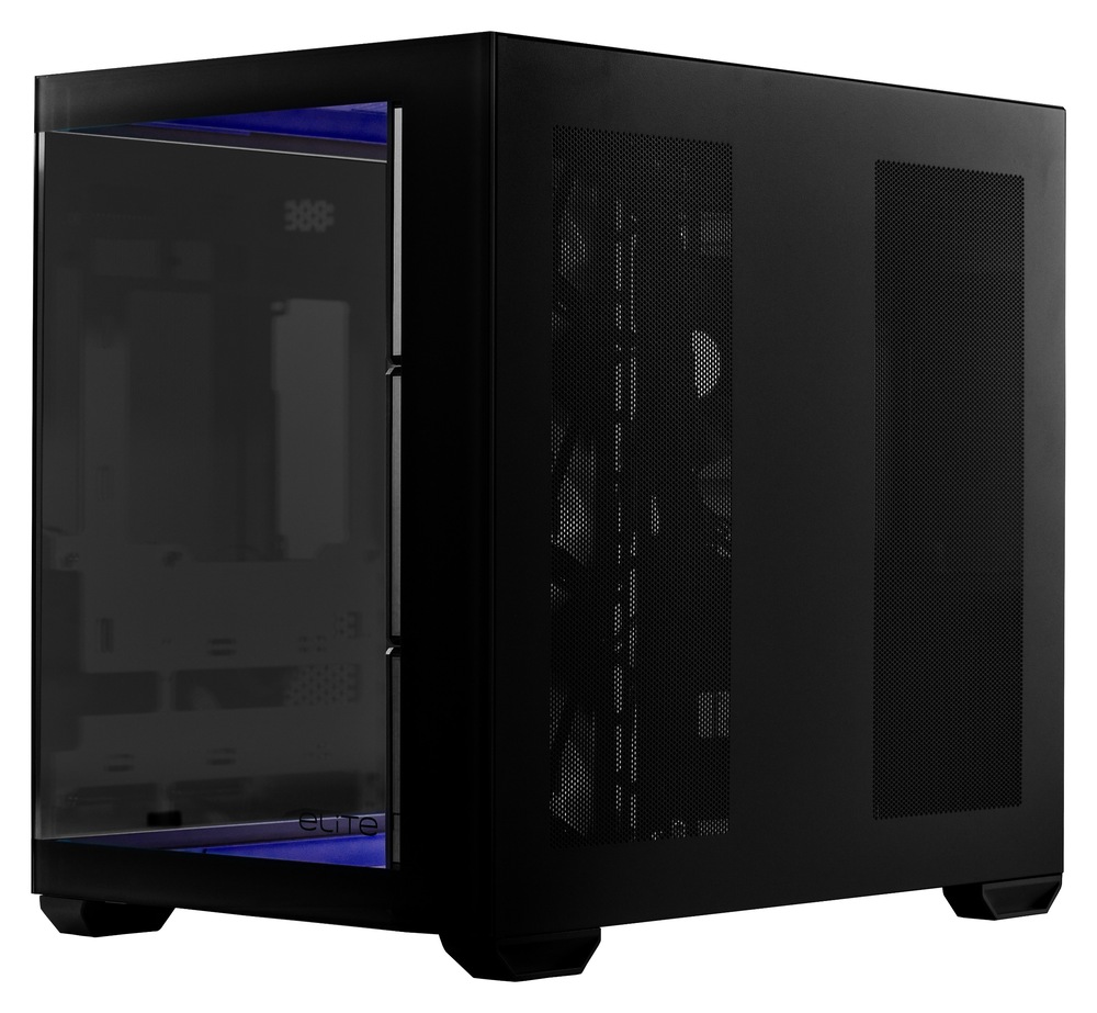 Case Cooler Master Elite 681 černá Na snímku je počítačová skříň Master Elite 681 v černé barvě. Je zde zachycen šikmý boční pohled přes skleněnou boční stěnu do nitra prázdné skříně.