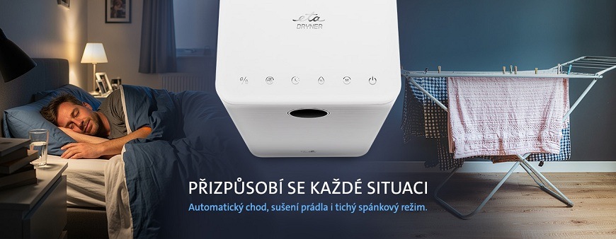 Odvlhčovač vzduchu ETA Dryner a jeho využití v domácnosti: tichý spánkový režim v ložnici a efektivní sušení prádla na sušáku. Detail horního ovládacího panelu s textem „Přizpůsobí se každé situaci“