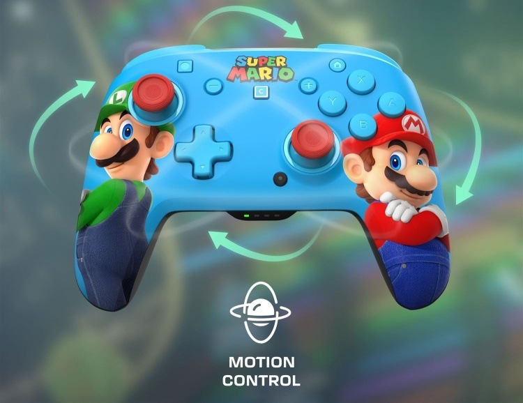 Gamepad Turtle Beach Rematch Wireless Mario a Luigi, NS2 modrý Gamepad pro Nintendo Switch 2 s vyznačeným motion control ovládáním.