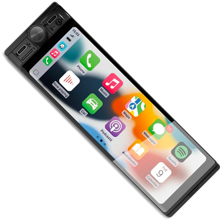 Černé 1DIN autorádio NAVITEL RD10 zachycené šikmo zepředu. Většinu čelního panelu vyplňuje široký dotykový displej s nabídkou Apple CarPlay, vlevo se nachází otočný ovladač a dva porty USB.