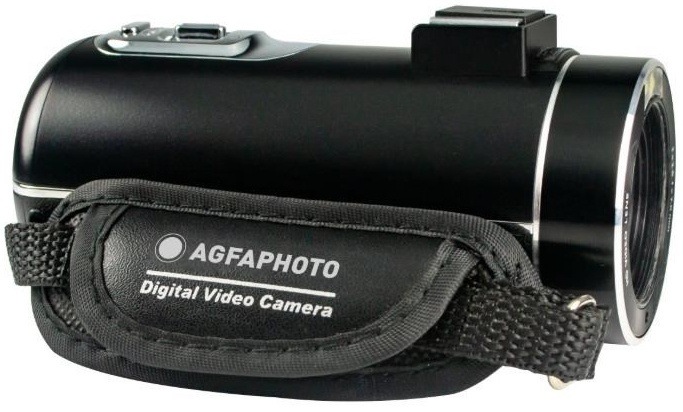Videokamera AgfaPhoto Realimove CC2700 černá Videokamera AgfaPhoto CC2700 s poutkem na ruku a logem značky na objektivu.