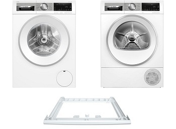 Set Bosch pračka WGG244F9BY + sušička WQG24591BY + mezikus WTZ27410