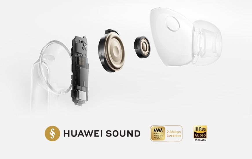 Sluchátka Huawei FreeBuds Pro 5 béžová Detail konstrukce sluchátek Huawei FreeBuds Pro 5 s duálními měniči a Hi-Res audiem