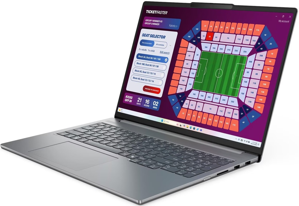 Notebook Lenovo IdeaPad Pro 5 16IPH11 šedý Otevřený notebook Lenovo IdeaPad Pro 5 s obrazovkou zobrazující výběr míst na stadionu