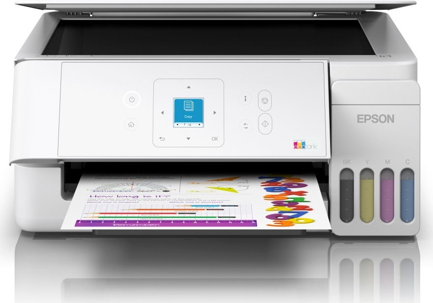 Tiskárna multifunkční Epson EcoTank L3366 bílá Čelní pohled na tiskárnu s otevřeným víkem skeneru a vytištěným barevným dokumentem ve výstupním zásobníku
