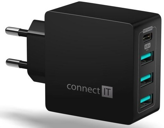 Nabíječka do sítě Connect IT Fast Charge 3x USB + 1x USB-C, 4,8A s funkcí rychlonabíjení černá