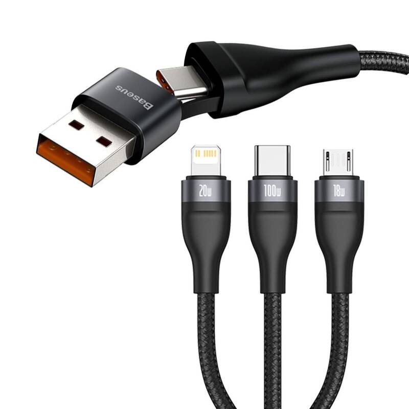Kabel Baseus Flash Series 3v2, USB/USB-C na MicroUSB/Lightning/USB-C 100W, 1,2m černý Kabel Baseus Flash Series 3v2, USB/USB-C na MicroUSB/Lightning/USB-C 100W, 1,2m černý
