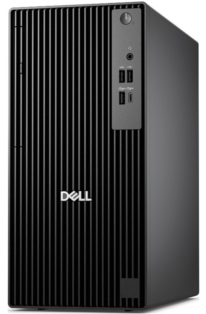 PC mini Dell Pro Tower QCT1255 černý Snímek PC s přední strany. PC je černý, na pravé straně nahoře jsou USB a audio porty a tlačítko pro zapnutí PC.