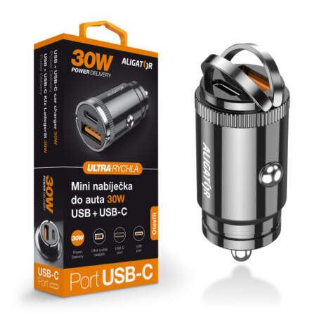 Adaptér do auta Aligator CHPD0006, PD 30W, 1xUSB, 1xUSB-C černý