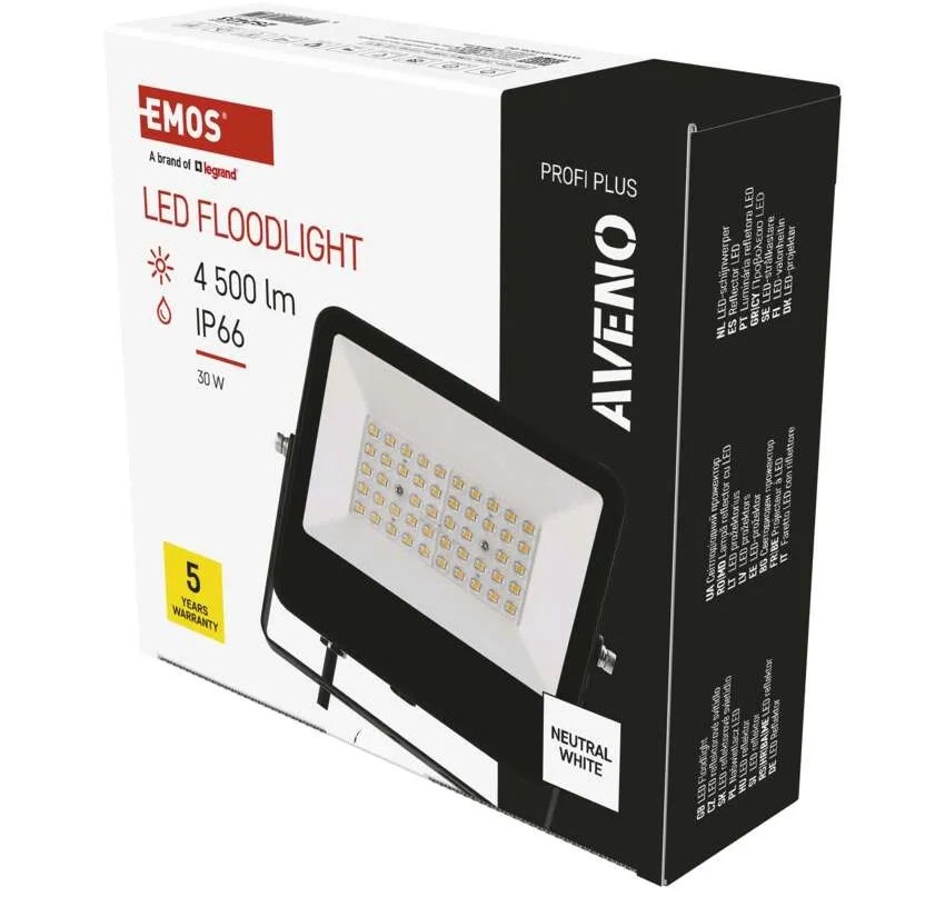 Reflektor EMOS AVENO, 30W, 4500lm, neutrální bílá černý LED REFLEKTOR AVENO 30W 4500LM IP66 NW