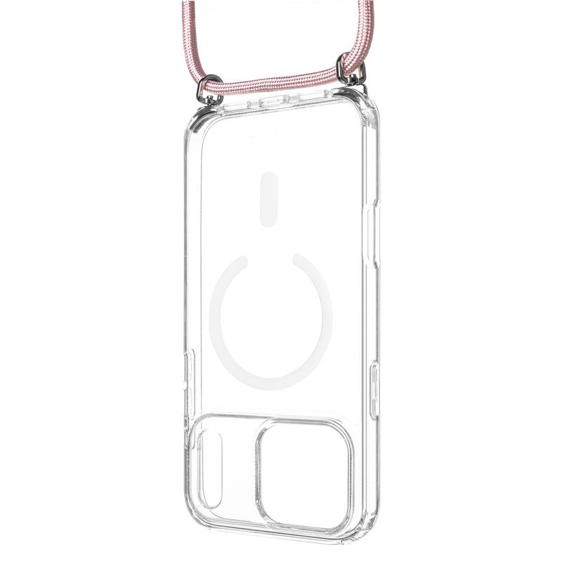 Kryt na mobil FIXED MagPure Neck s růžovou šňůrkou na krk na Apple iPhone 17 Pro - průhledný