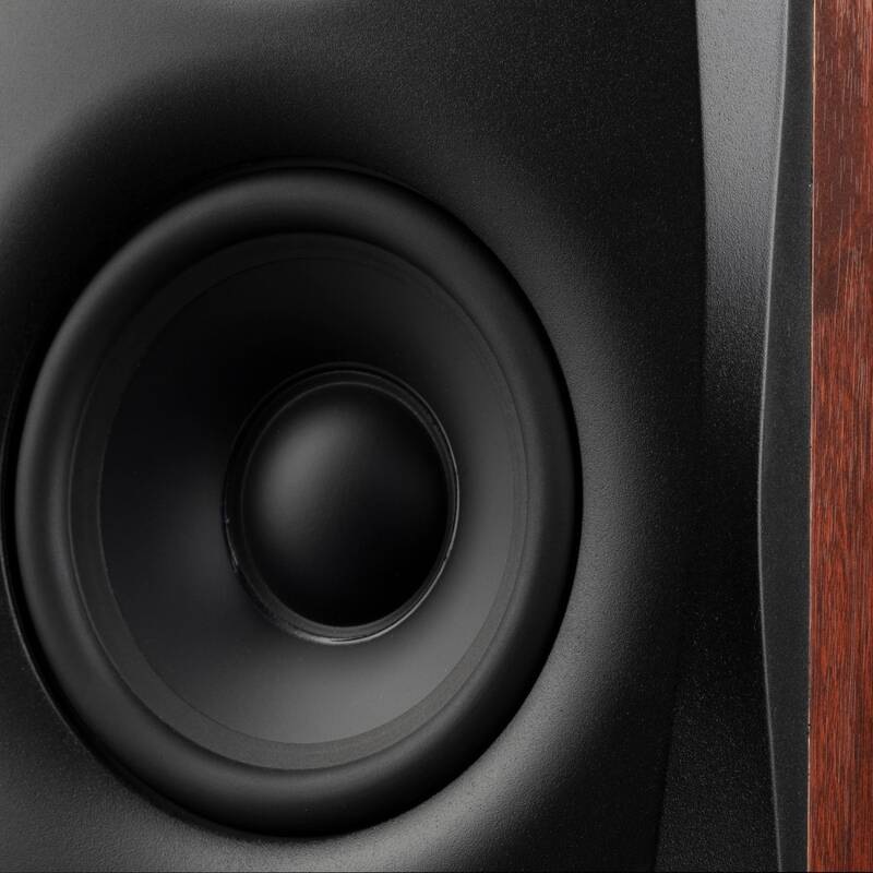 Reproduktory Swan D1100 (2 ks) hnědé Detailní pohled na černý středobasový měnič reproduktoru Swan D1100