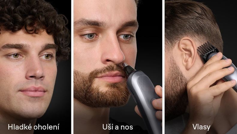 Zastřihovač multifunkční Braun Series 9 AIO9500 šedý Obrázek je rozdělen na tři části, v každé části se nachází obličej muže - jeden je hladce oholen, druhý využívá příslušenství pro úpravu chloupků v nose a uších a třetí si střihá vlasy.