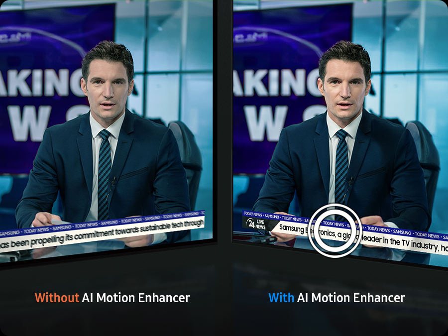 Dvě obrazovky televize natočené mírně ke středu, obě zachycují moderátora ve studiu vedle sebe, vlevo je obraz mírně rozmazaný, vpravo ostrý obraz s technologií AI Motion Enhancer