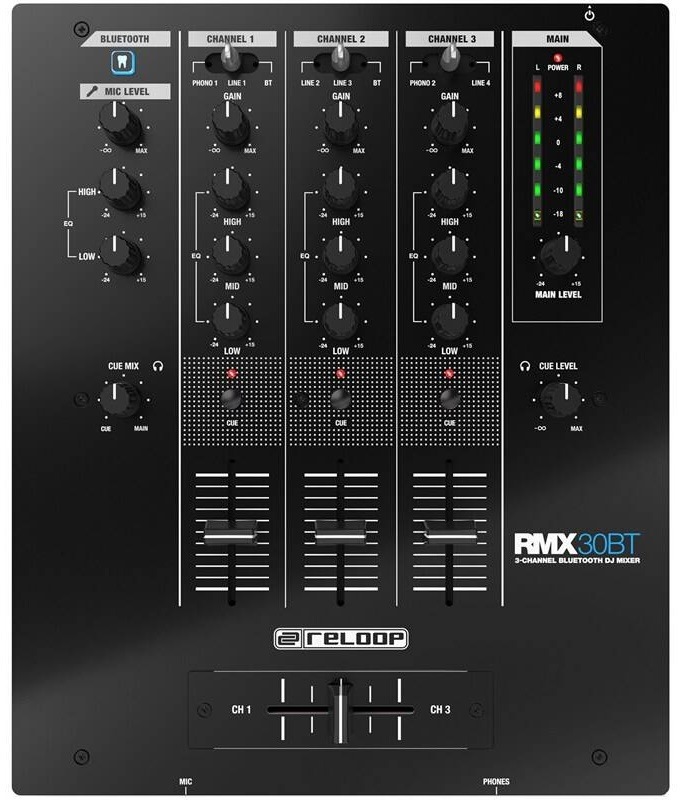 Mixážní pult Reloop RMX-30 BT v černém provedení s tříkanálovým ovládáním a Bluetooth
