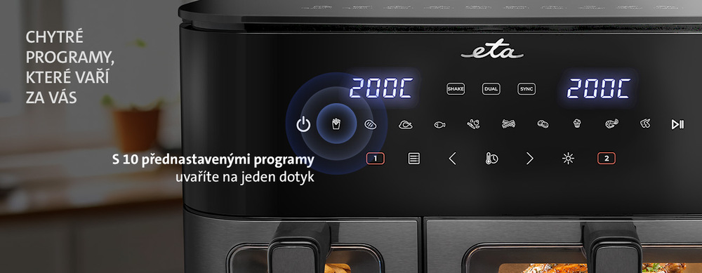 Fritéza horkovzdušná ETA Fritta Dual 3167 90000 černá Dotykový LED panel fritézy ETA Fritta Dual s 10 přednastavenými programy a digitálním zobrazením teploty.