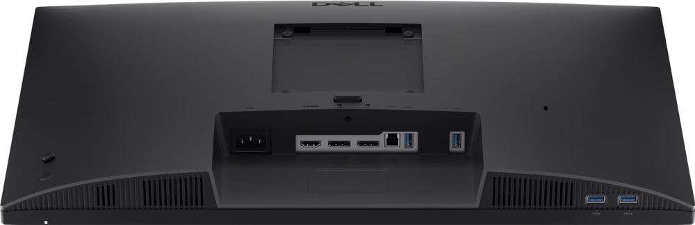 Zadní strana monitoru Dell s VESA uchycením, větracími otvory a konektory HDMI, DisplayPort, USB-B a USB-A.