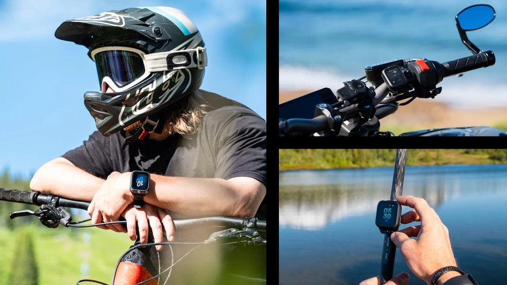Dálkový ovladač Insta360 GPS/MIC černý Koláž použití dálkového ovladače Insta360 GPS/MIC na zápěstí, řídítkách motocyklu a selfie tyči