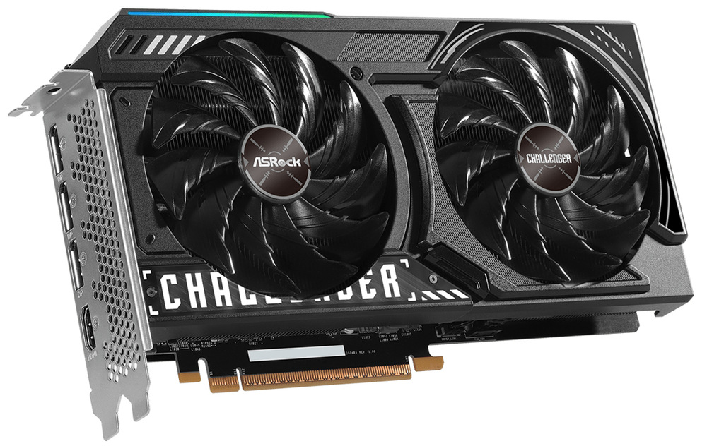 Grafická karta ASRock Intel Arc B580 Challenger 12G OC černý Snímek zachycuje grafickou kartu pohledem z úhlu. U karty VGA ASRock Intel Arc B580 Challenger 12G OC jsou vidět porty pro připojení externí zařízení a taká PCIe edge connector.