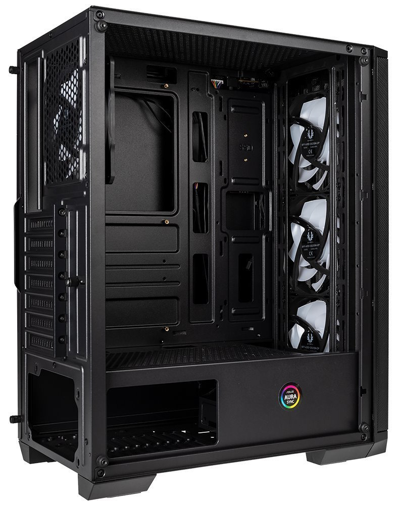 Case BitFenix Nova Mesh SE TG ARGB černá Boční pohled do skříně, ilustrující vnitřní prostor a uložení ventilátorů.
