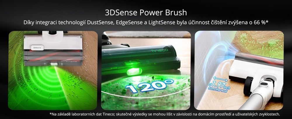 Tyčový vysavač Tineco Pure One A50S černý/bílý Zobrazení technologie DustSense, LightSense a EdgeSense.