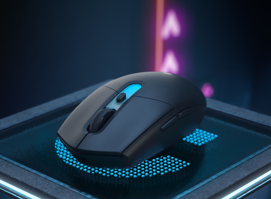 Myš Logitech G305 X SUPERLIGHT s podsvíceným kolečkem z bočního pohledu
