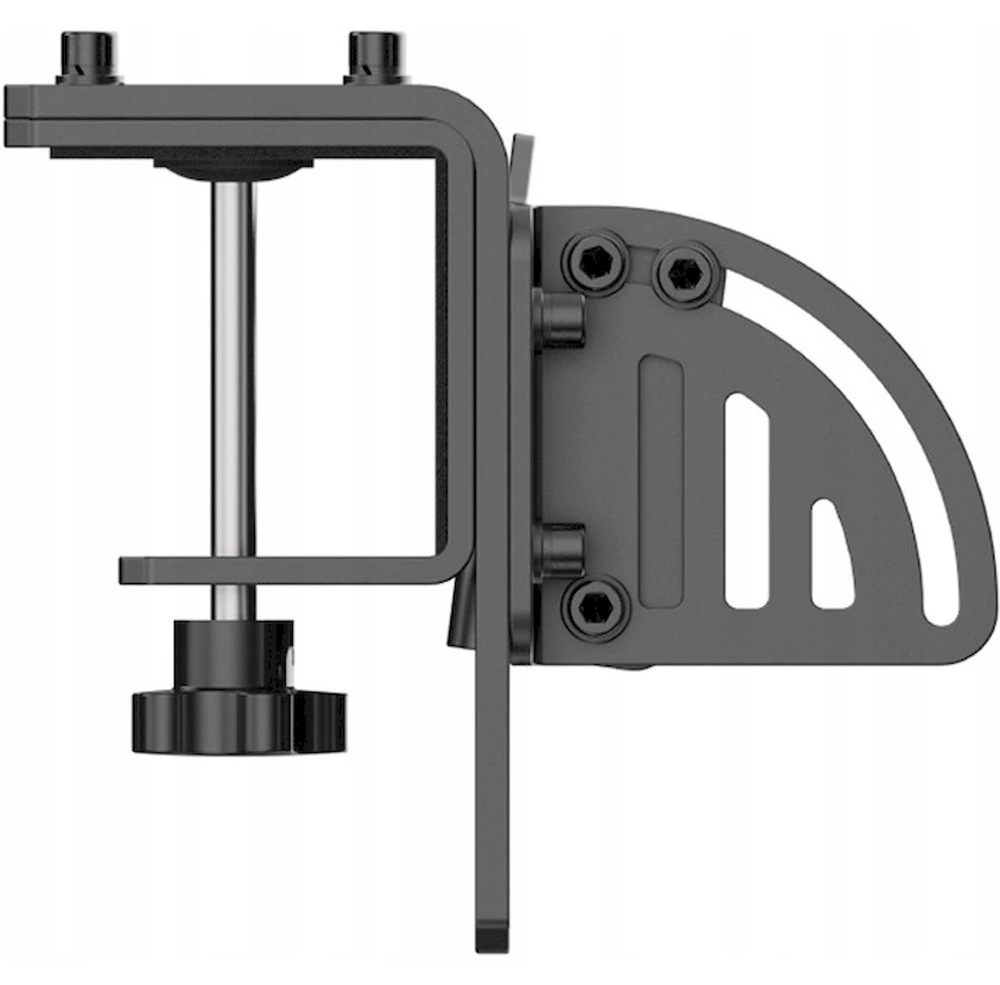 Držák volantu Moza Racing Wheel Mount ocel Boční pohled na černý kovový držák se šroubovým mechanismem. Design působí industriálně.