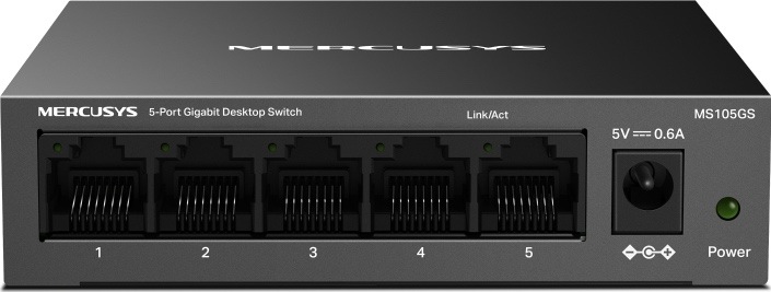 Černý kovový switch Mercusys MS105GS s pěti LAN porty, stavovými kontrolkami a napájecím konektorem na přední straně.