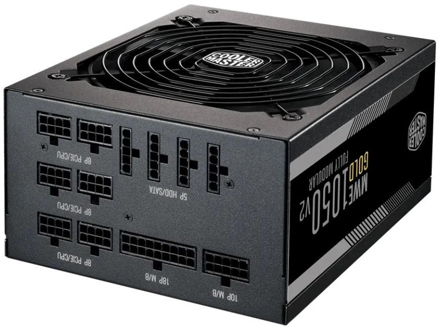 Na obrázku je černý plně modulární napájecí zdroj Cooler Master. Nahoře je velký ventilátor s ochrannou mřížkou a na čelní straně jsou porty pro kabeláž označené pro základní desku, procesor, grafickou kartu a SATA/HDD. Z boku je vidět označení MWE 1050 Gold V2 Fully Modular.