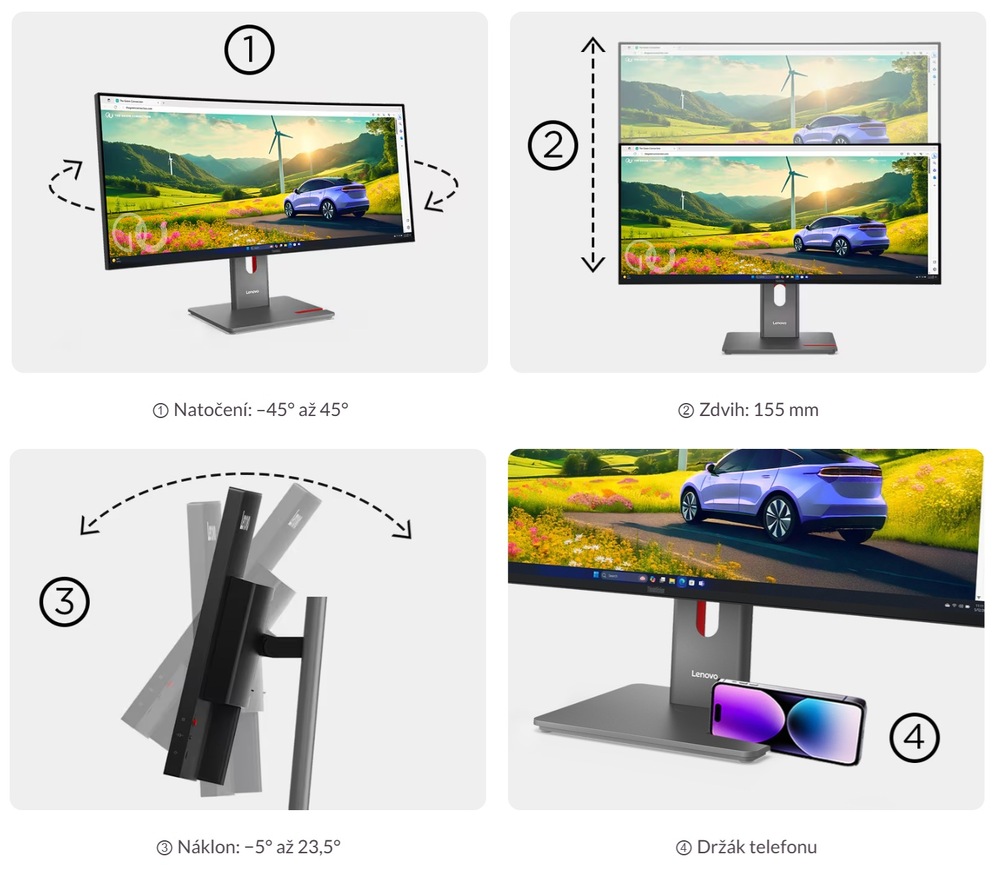 Monitor Lenovo ThinkVision P34WD-40 černý Na ergonomickém stojanu lze monitor Lenovo ThinkVision P34WD-40 výškově nastavit, otáčet i naklánět