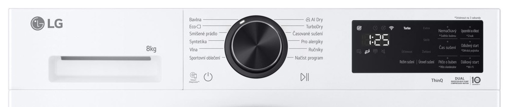 Sušička prádla LG RHX5008TLB bílá ovládací panel sušičky LG RHX5008TLB v českém jazyce, svítí čas 1:25