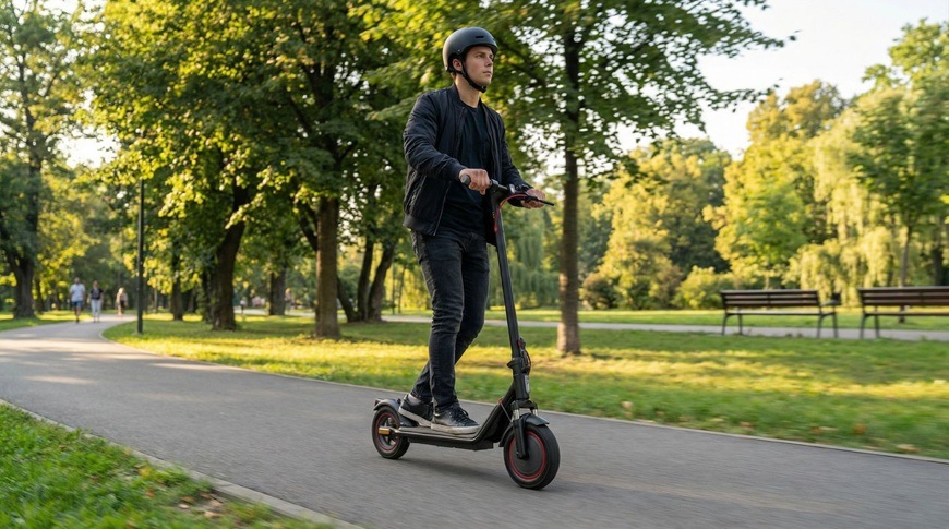 Muž projíždí parkem na elektrické koloběžce Sencor SCOOTER S31.