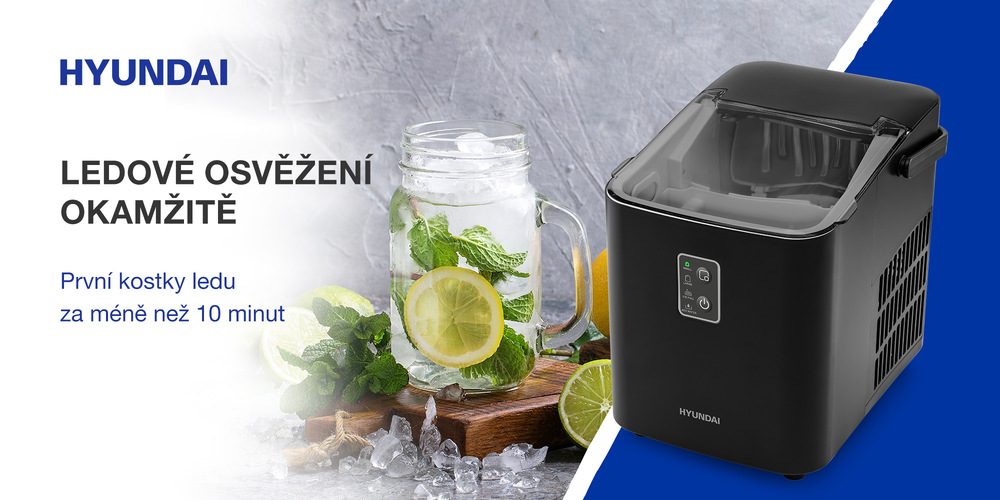 Produktová grafika zobrazuje černý elektrický výrobník ledu Hyundai ICEM12B. Vlevo je sklenice s ledovou limonádou, mátou a limetkou na dřevěném podkladu. Text v obrázku: Ledové osvěžení okamžitě – první kostky ledu za méně než 10i  minut