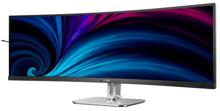 Monitor Philips 49B2U5900C stříbrný Prohnutý monitor Philips 49B2U5900C z předního bočního pohledu na stříbrném stojanu