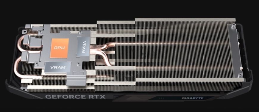 Detail chladiče grafické karty GIGABYTE RTX 5050 GAMING OC s heatpipe trubicemi