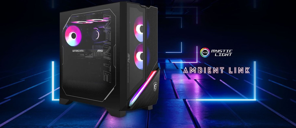 Herní počítač s RGB osvětlením ventilátorů a skříně stojí v tmavé místnosti s neonově modrými odlesky. Zobrazují se nápisy „Mystic Light“ a „Ambient Link“.