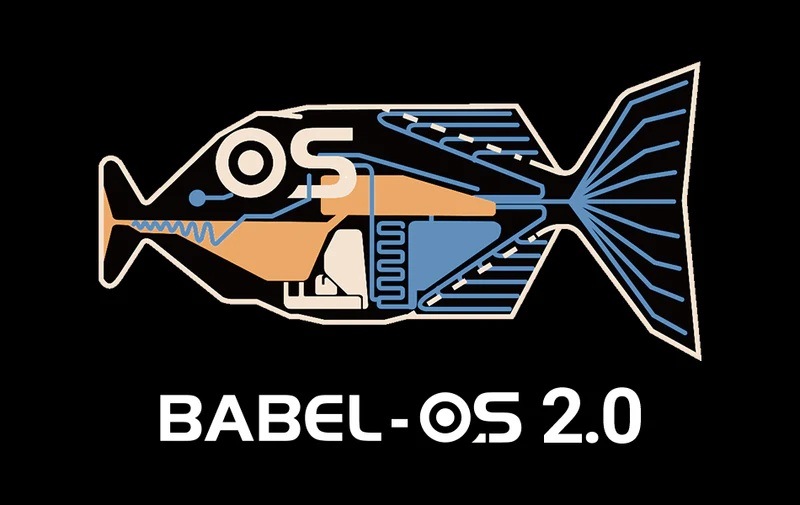 Ilustrace stylizované ryby s digitálními prvky a elektronikou symbolizující moderní technologickou platformu Babel OS 2.0.